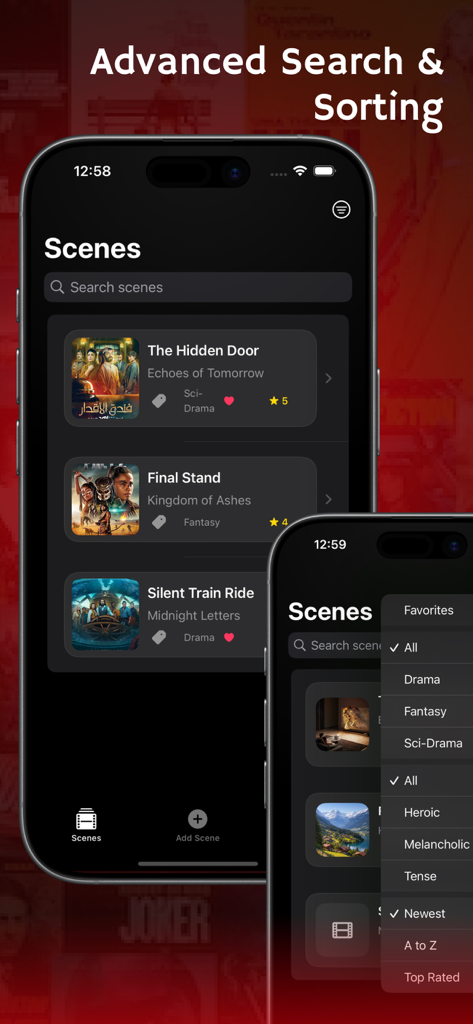 ArabiaVD Scene - Smartphone screen showing the advanced search and sorting features in the ArabiaVD Scene app for organizing movie scenes