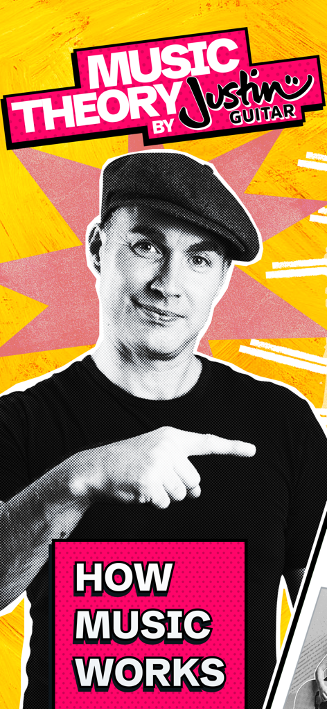 Music Theory by Justin Guitar - Justin Sandercoe pointing to text that says How Music Works on a yellow and pink background