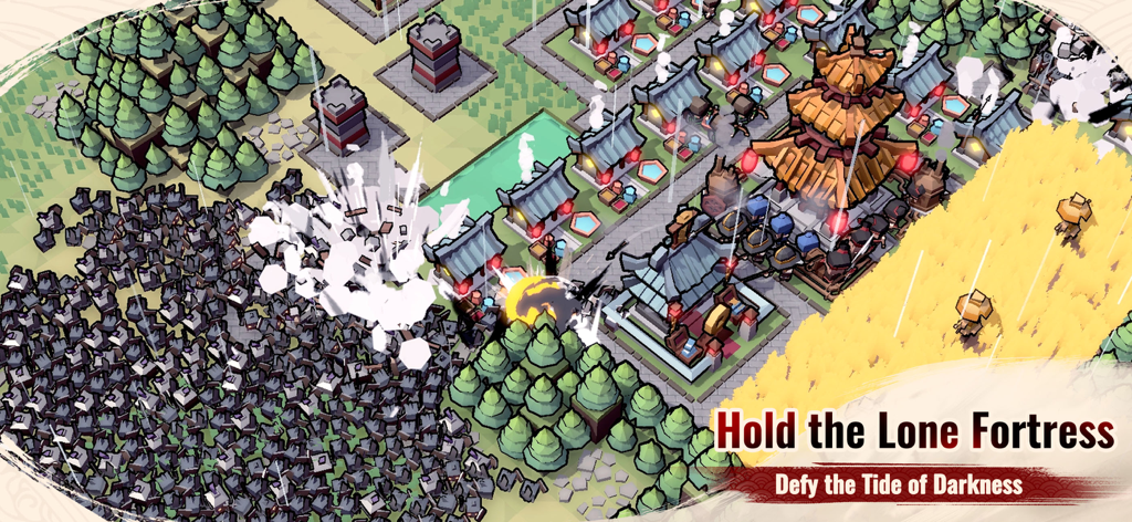 Inkvasion - Une scène de stratégie 3D en blocs montrant une nuée de créatures sombres attaquant la forteresse d'une ville avec des tours de défense.