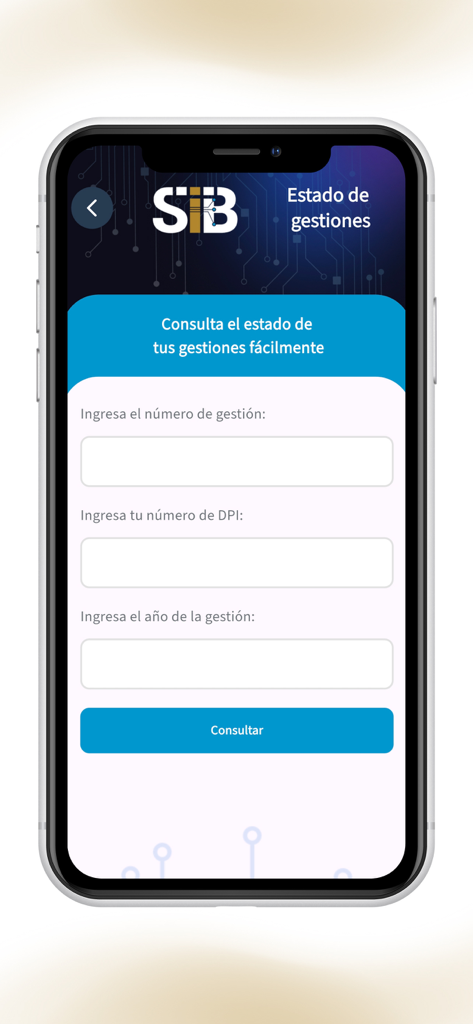 SIB Guatemala - SIB Guatemala app screen for tracking the status of financial procedures using DPI and year
