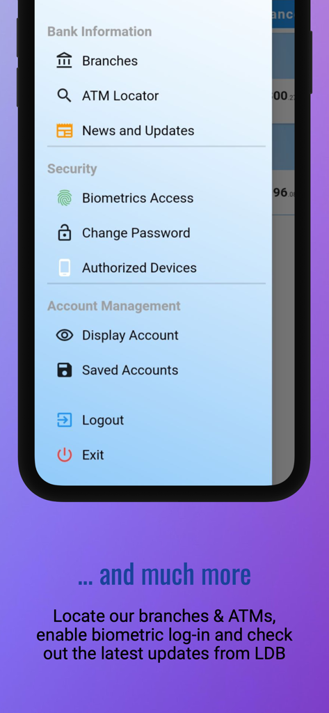 LDB Mobile - Main menu screen of the LDB Mobile banking app displaying security settings bank info and account management options