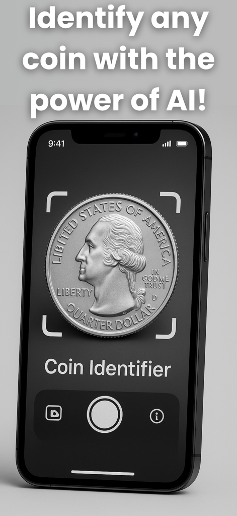 Coin Identifier: AI Value Scan - Mobile app interface showing AI scanning a United States quarter dollar for identification