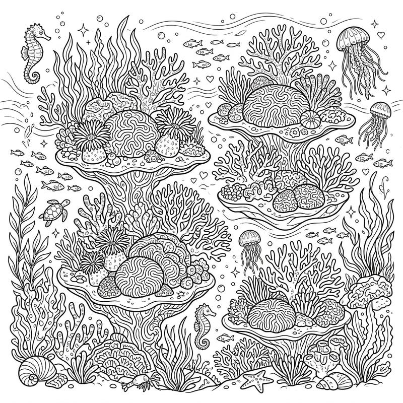 Unleash your creativity with this stunning coral island coloring page, specifically designed to captivate teens. Dive into an intricate underwater world filled with vibrant marine life and fascinating coral formations, offering hours of relaxing artistic exploration.