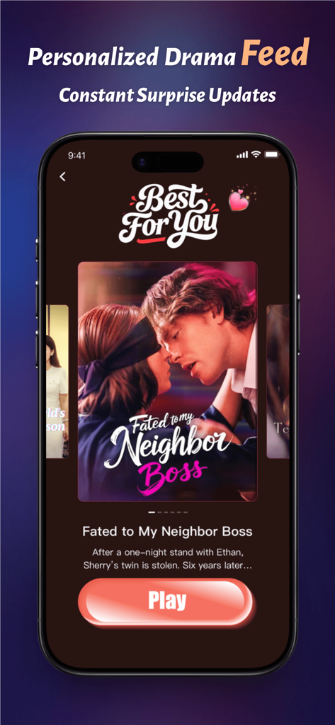 Seer Drama - Stream Shorts&TV - Seer Drama app interface showing a personalized feed with a short romance film titled Fated to My Neighbor Boss