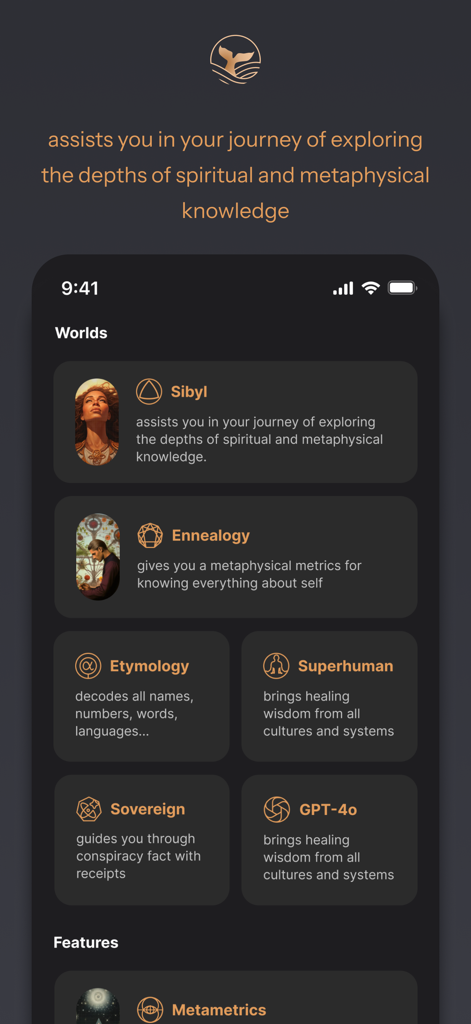 Sibyl AI - Interfaz de la aplicación Sibyl AI mostrando el menú de Mundos con secciones para Etimología de la Enealogía y Metafísica