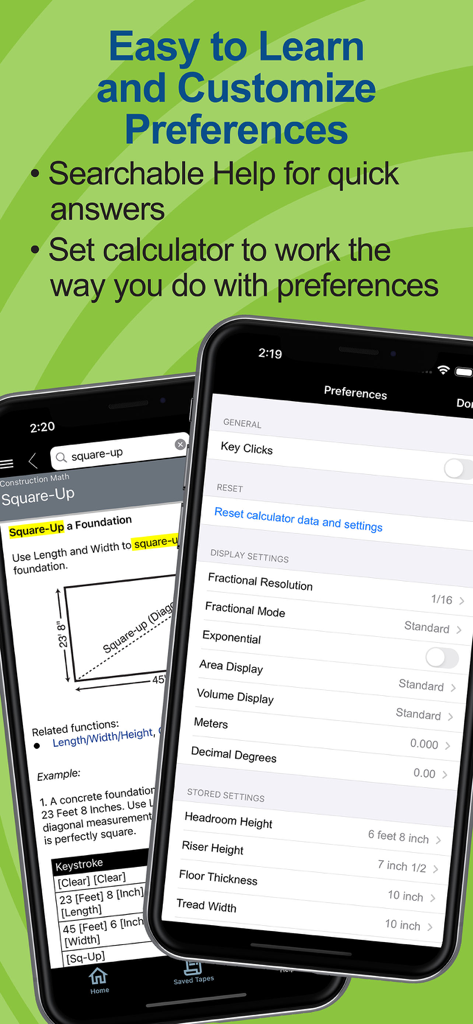 Concrete Calc Pro app showing customizable preferences and searchable help screens for construction math