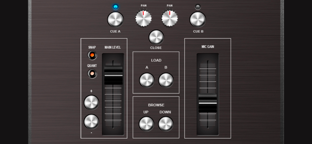 Mixer interface of the Midi DJ remote lite app showing main level and mic gain faders with cue and browse buttons