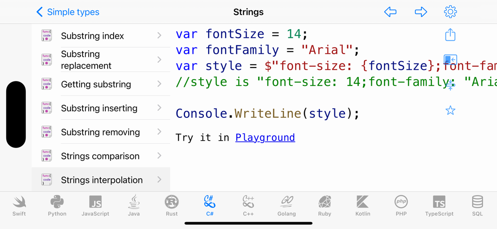 Snippet de código de interpolação de string C sharp no aplicativo móvel Code Recipes Pro