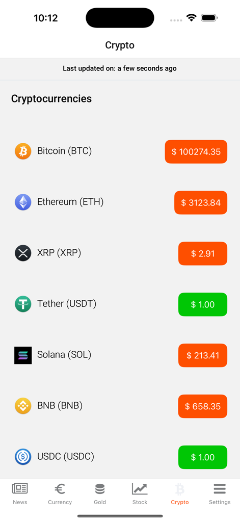 Mesghal (مثقال) - Mesghal app screenshot displaying real-time cryptocurrency prices for Bitcoin, Ethereum, and other digital assets in USD.