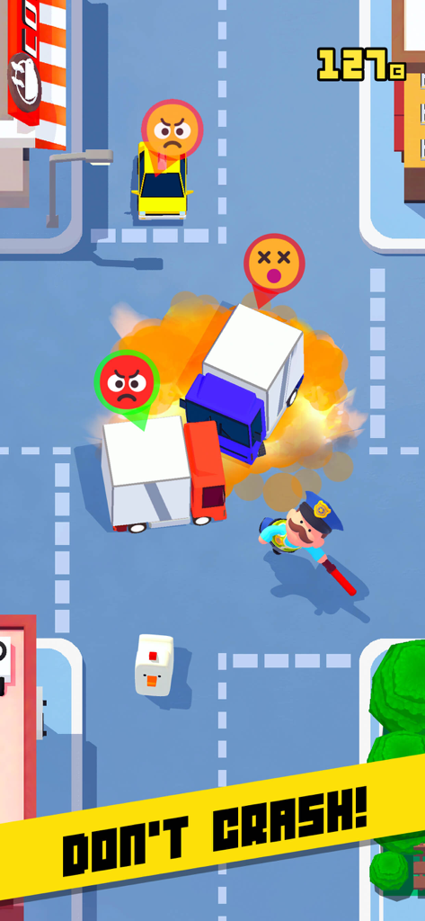 Mr. Traffic - A top down view of cars colliding in the Mr. Traffic arcade game with an explosion and angry emoji icons.