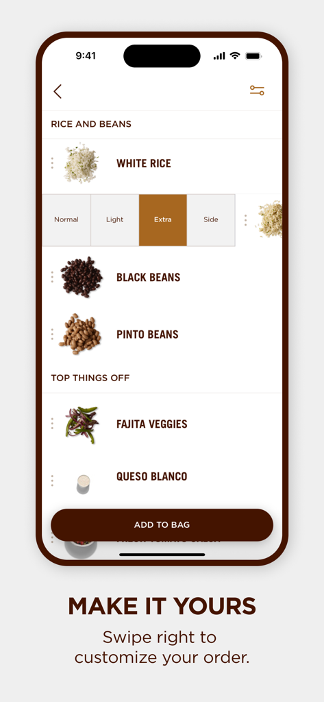 Chipotle Middle East - Chipotle Middle East app interface showing meal customization options for rice and beans