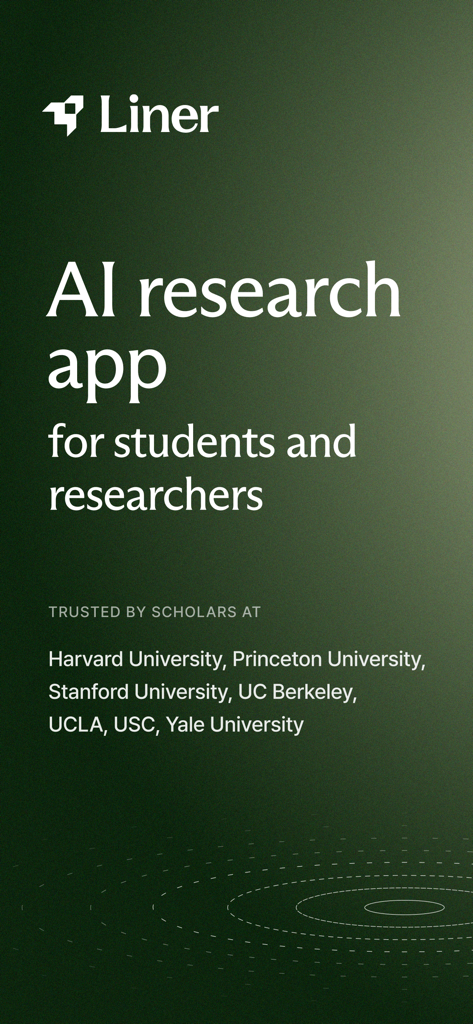 Liner AI research app introduction screen mentioning its use by scholars at Harvard, Princeton, and Stanford.