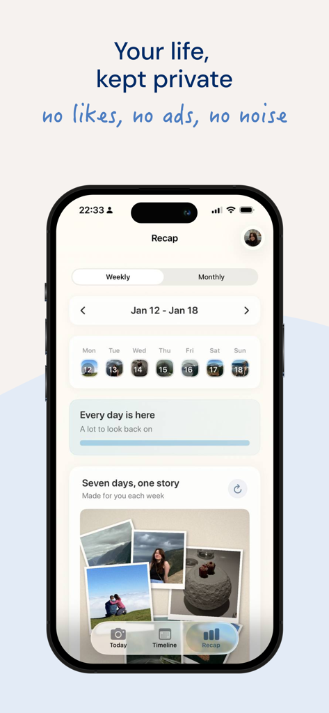 Dear Today: Photo Journal - Vista de resumen semanal en la aplicación Dear Today mostrando un collage de fotos privado y una interfaz sin distracciones.