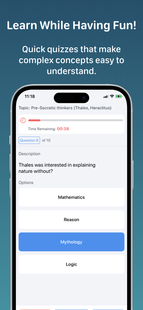 Philosophy+ - A multiple choice quiz question about the philosopher Thales on the Philosophy plus app interface.