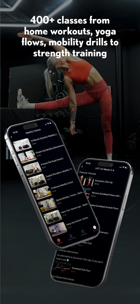 The Yoga Rebel Studio - Two smartphones displaying mobility and strength training class lists from the Yoga Rebel Studio app