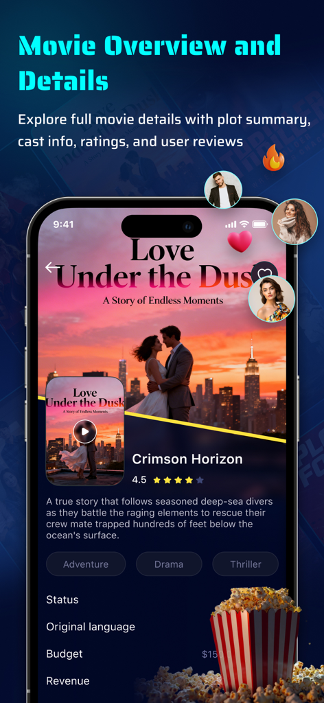 Screenshot of the MovieBox app showing movie details, ratings, and genres on an iPhone.