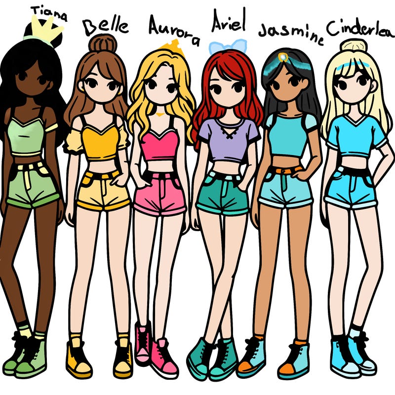 a group of girls wearing crop tops and shorts