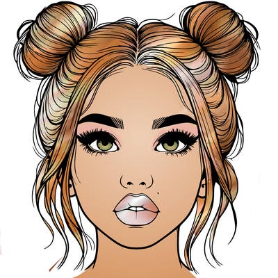 realistic girl with two buns on her hair and lips