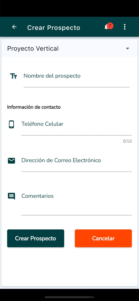 CAPI App - Mobile interface of CAPI App showing the form to create a new prospect for a real estate project in Mexico.