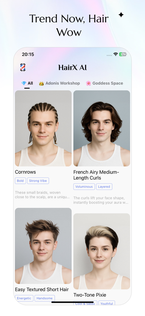Interfaz de la aplicación HairX AI que muestra diferentes opciones de peinado para hombres y mujeres, incluyendo trenzas y cabello corto texturizado.