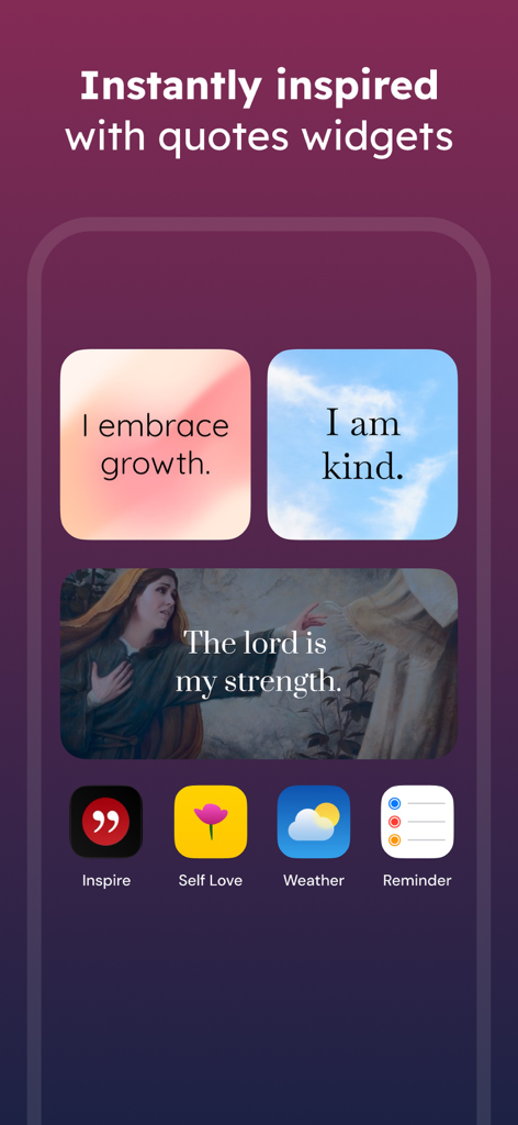 Eine Auswahl an ästhetischen Motivationszitat-Widgets auf einem iPhone-Home-Bildschirm.