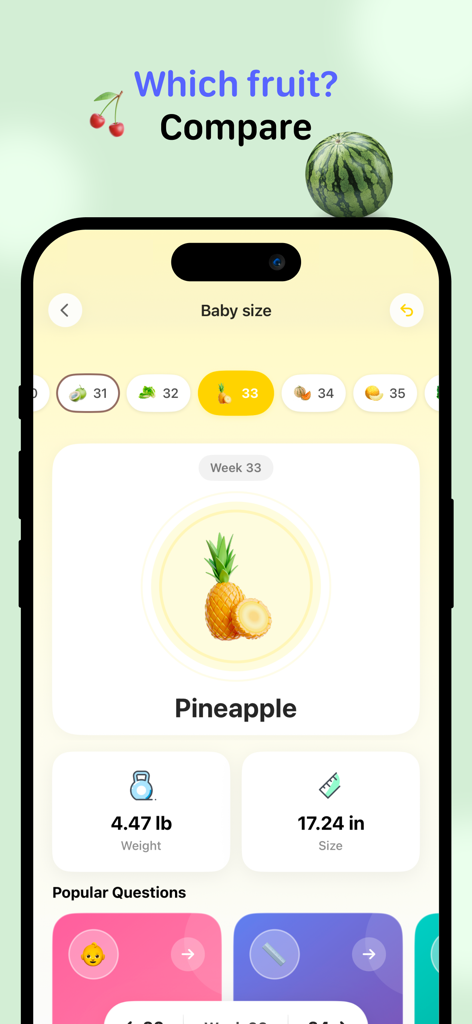 Mama Ai app interface showing baby size at week 33 compared to a pineapple with weight and length statistics.