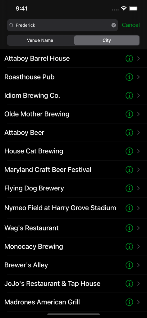 Tappd That for Untappd - Venue search screen in the Tappd That app showing a list of breweries and restaurants in Frederick