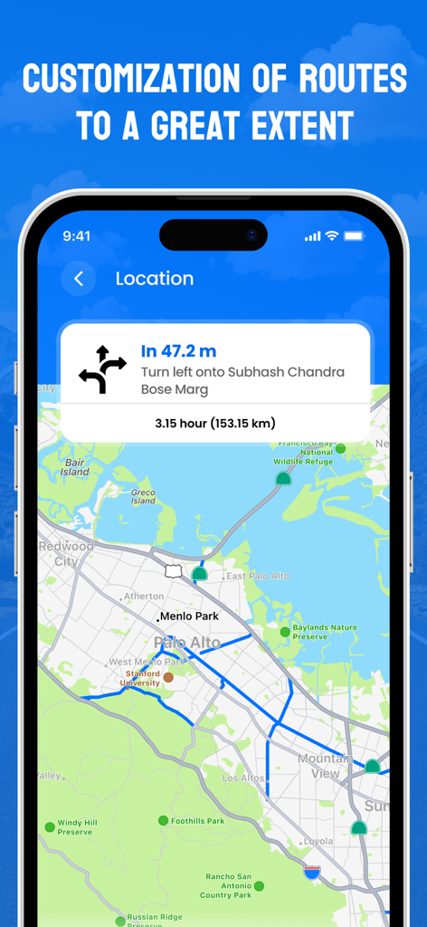 TruckMap.AI - Truck GPS Routes - Interface de l'application TruckMap AI montrant une carte détaillée avec un itinéraire de camion planifié et des instructions de navigation virage par virage.