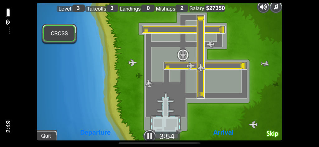 Top down view of an air traffic control simulation showing runways and aircraft at a coastal airport.
