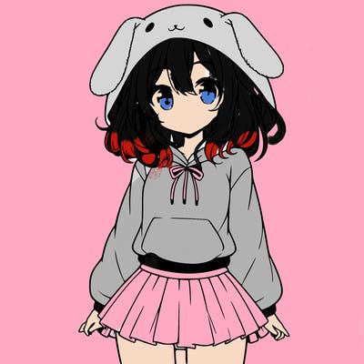 pretty anime girl wearing a fluffy hoodie with bunny ears on the hood and a skirt
