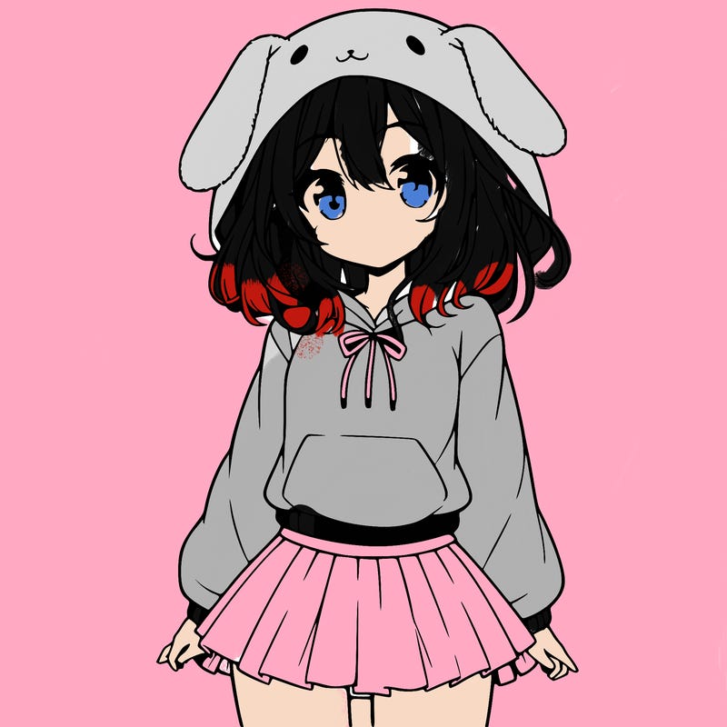 pretty anime girl wearing a fluffy hoodie with bunny ears on the hood and a skirt