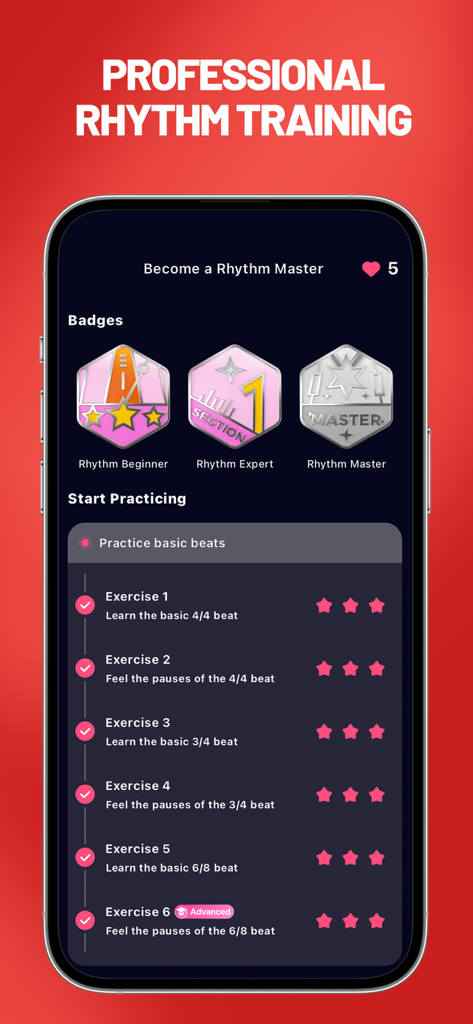 StarMaker Lite-Sing Karaoke - Écran d'entraînement rythmique professionnel dans StarMaker Lite affichant des exercices de rythme musical et des badges de maîtrise.