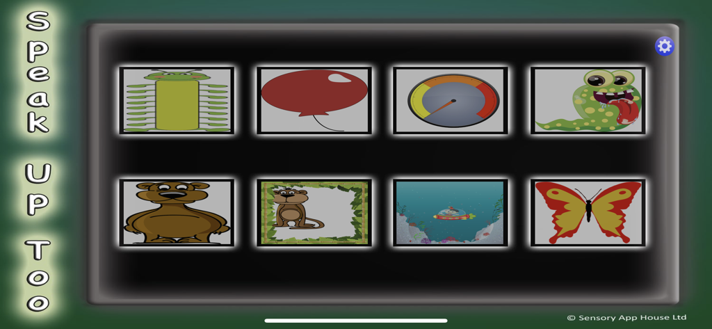 Speak Up Too - speech fun - Una cuadrícula de íconos coloridos en la aplicación Speak Up Too que incluye un gusano, globo, medidor de sonido, monstruo, oso, mono, submarino y mariposa.