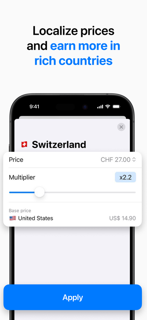 Mobile interface showing price localization for Switzerland using a multiplier to increase revenue from a US base price