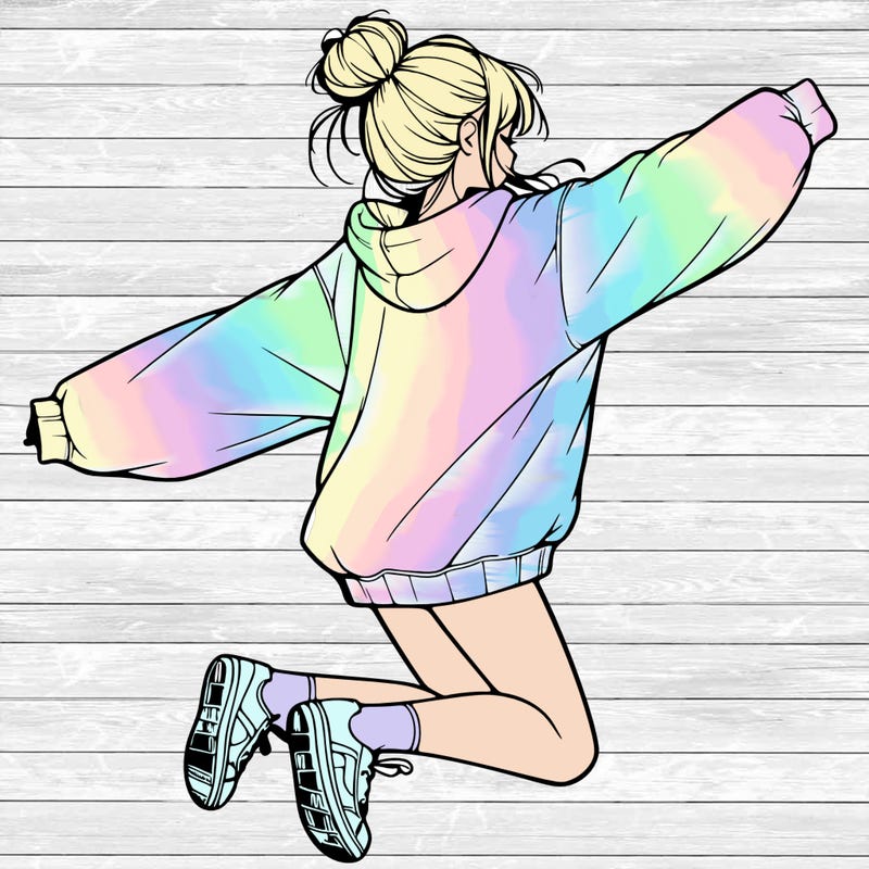 realistic girl jumping with a bun and oversized sweatshirt