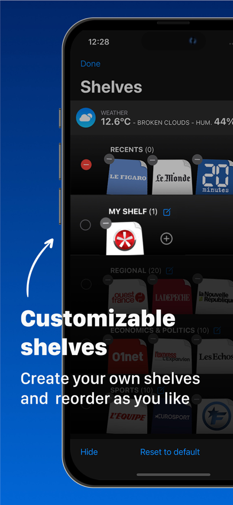 French Newspapers - Pantalla de smartphone que muestra la función de estantes de noticias personalizables en la aplicación Periódicos franceses