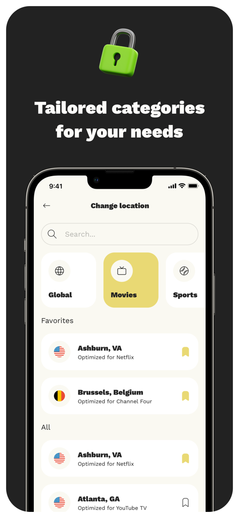 idVPN: VPN Secure Unlimited - Pantalla de la aplicación idVPN que muestra ubicaciones de servidores optimizadas para transmitir películas y deportes
