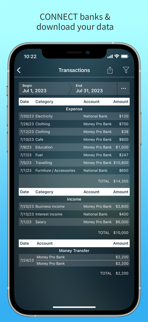 Money Pro: Personal Finance AR - Money Pro app transaction screen showing a list of categorized expenses and income for the month