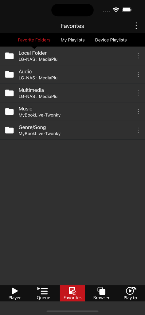 Pantalla de Favoritos de la aplicación AGD Stream mostrando carpetas de música de dispositivos NAS