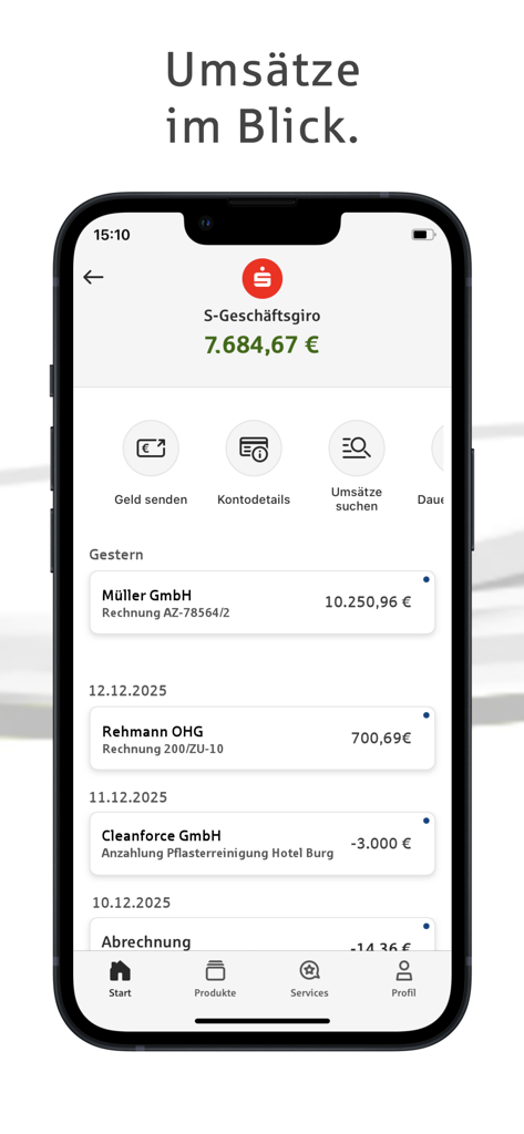 Sparkasse Business - Sparkasse Business app interface showing business account balance and transaction history