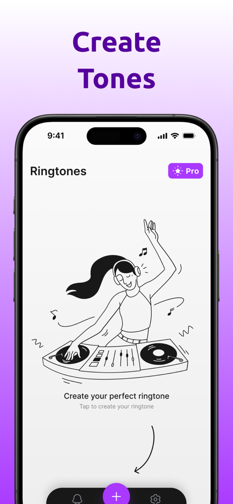 Ringtone Maker & Custom Tones - iPhone screen showing the TikT Ringtone Maker app with a DJ illustration and a prompt to create custom tones