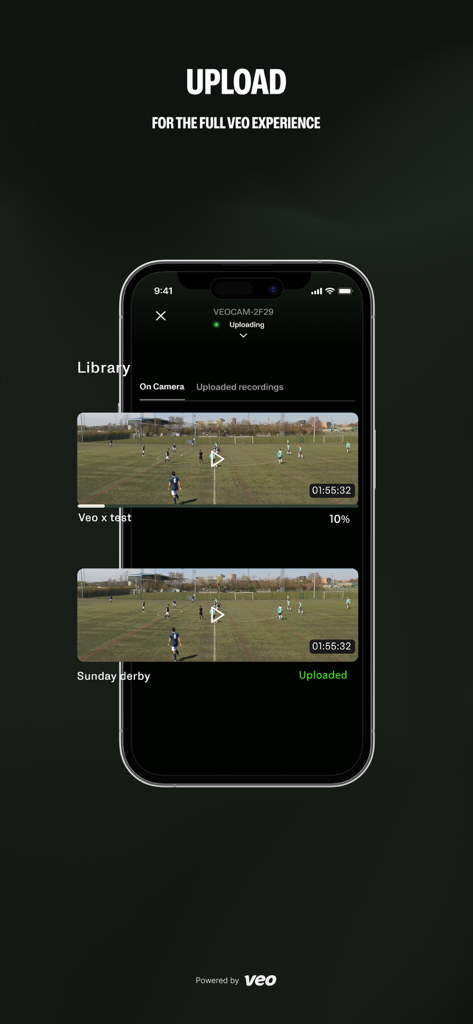 Veo Camera app interface showing a list of recorded soccer games with upload status and library management