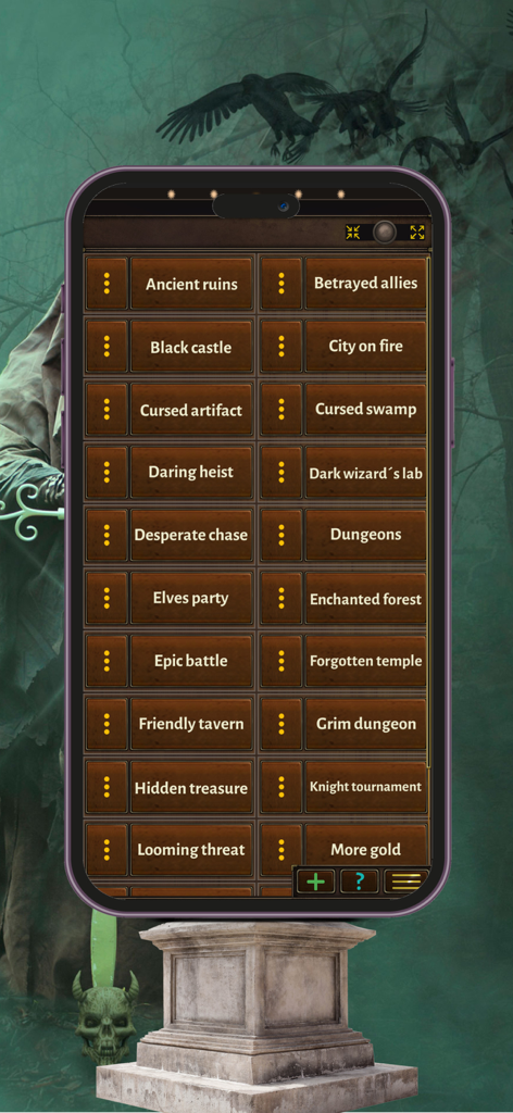 RPG Master Sounds Mixer - RPG Master Sounds Mixerアプリのインターフェース。古代遺跡や呪われた沼地のようなテーブルトップゲームのシナリオ用のサウンドスケープボタンのグリッドが表示されています。