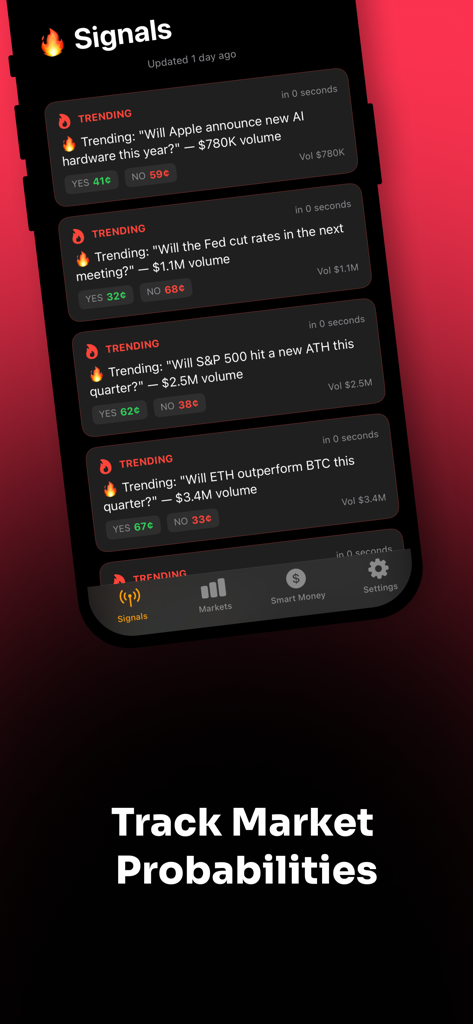 Mobile app screen displaying real time prediction market signals and trading probabilities for various events.