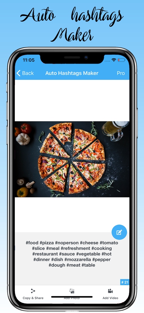 Pantalla de iPhone mostrando Auto Hashtag Maker Pro generando hashtags relevantes para redes sociales para una foto de pizza.