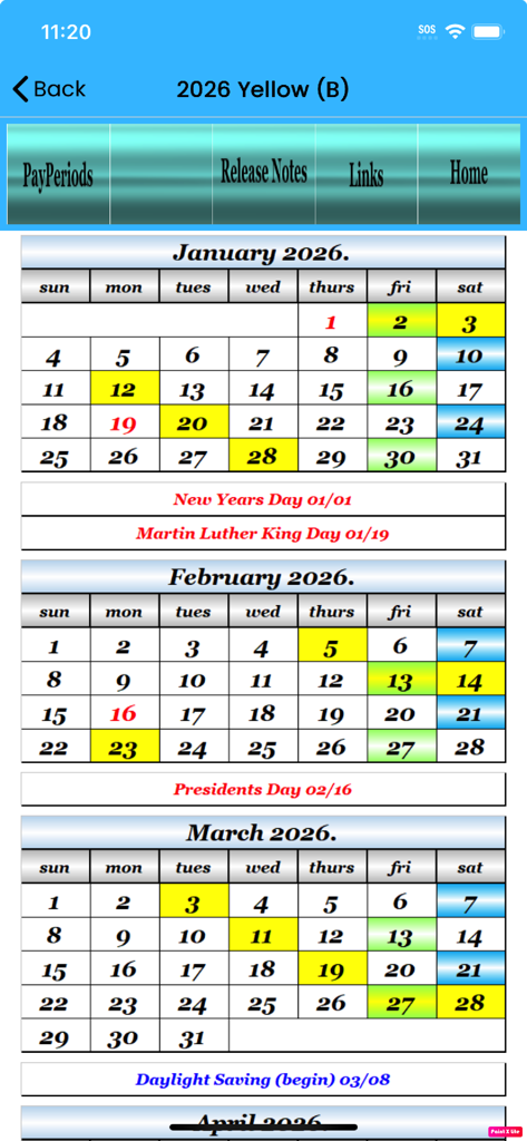 2026 USPS ColorCal Calendar - Monthly calendar view of the 2026 USPS ColorCal app showing color coded rotating days off and holidays for postal workers