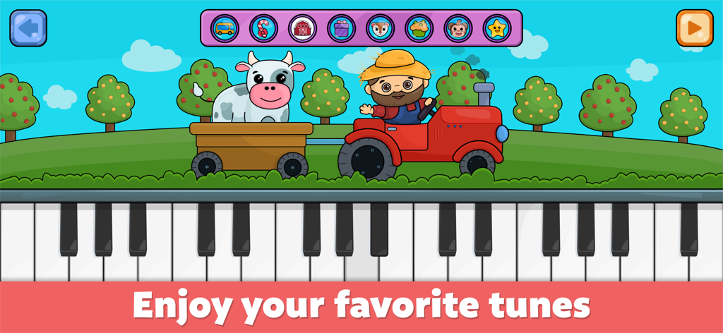 Baby piano for kids & toddlers - Baby piano app screen showing nursery rhymes with a cartoon farmer and tractor