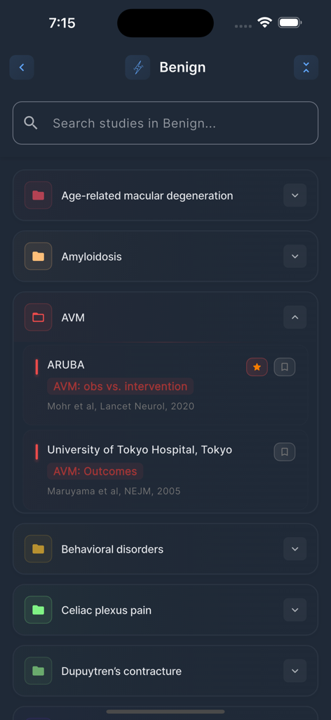 Rad Onc Tables app showing a list of radiation oncology research studies for benign conditions like AVM and macular degeneration.
