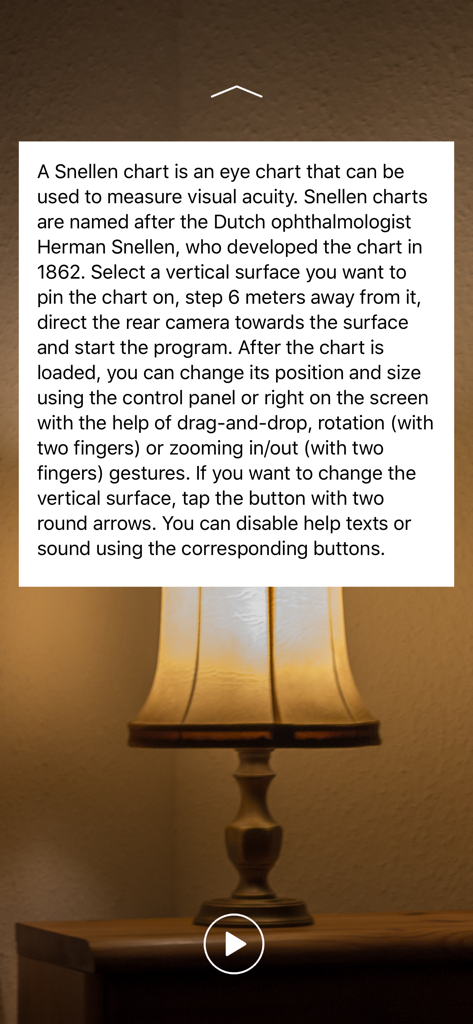 Snellen test - Anzeigebildschirm mit Anweisungen für die Snellen-Test-App, der erklärt, wie die digitale Sehtesttafel und die AR-Funktionen verwendet werden.
