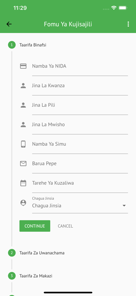 CCM_App - CCM app registration form screen for entering personal information in Swahili